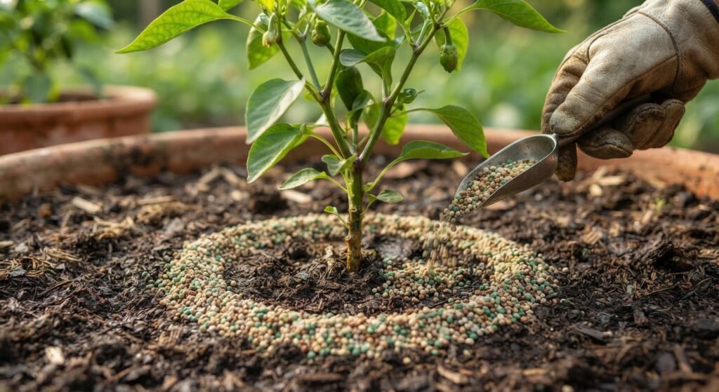 Granular fertilizer applied in a protective circle around the base of a pepper plant.