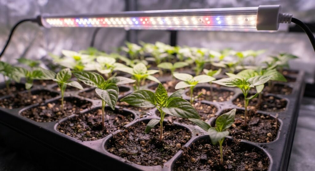 Young pepper seedlings growing sturdy and compact beneath an adjustable LED grow light.