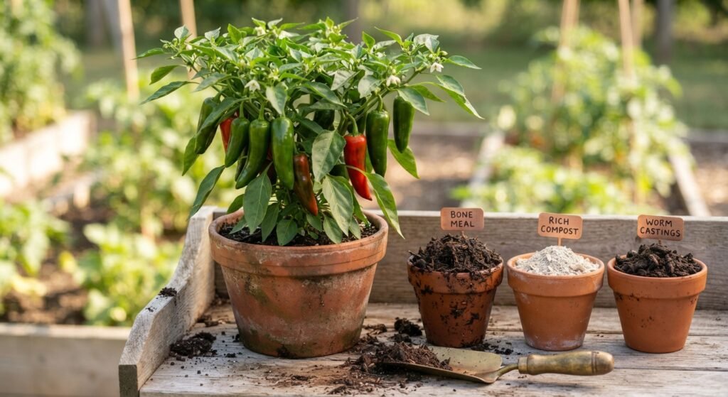 Organic bone meal and compost displayed in small pots next to a healthy fruiting pepper plant