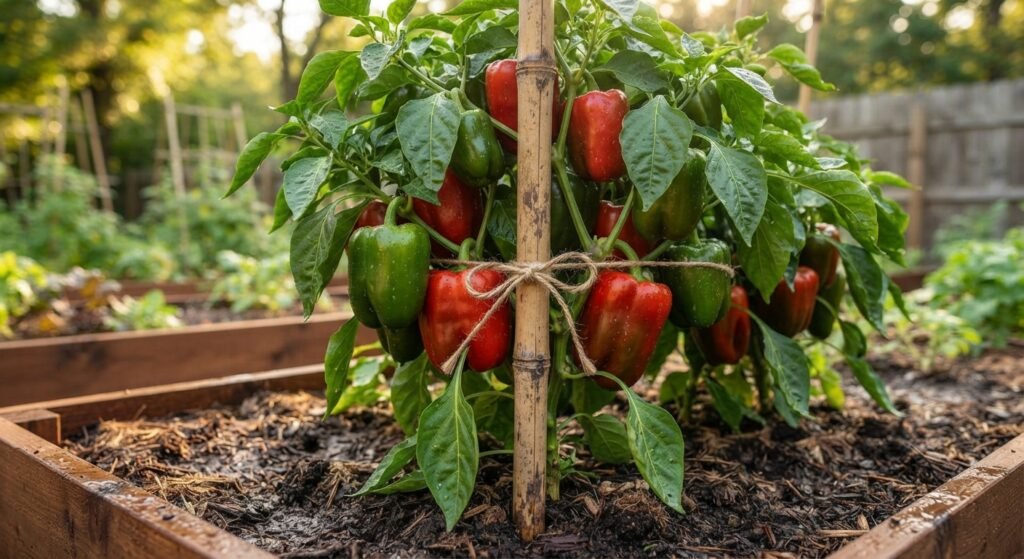 A heavily fruited pepper plant tied to a bamboo stake in a garden bed.