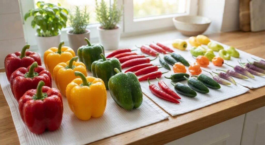 Freshly washed bell and chili peppers drying on clean kitchen towels.