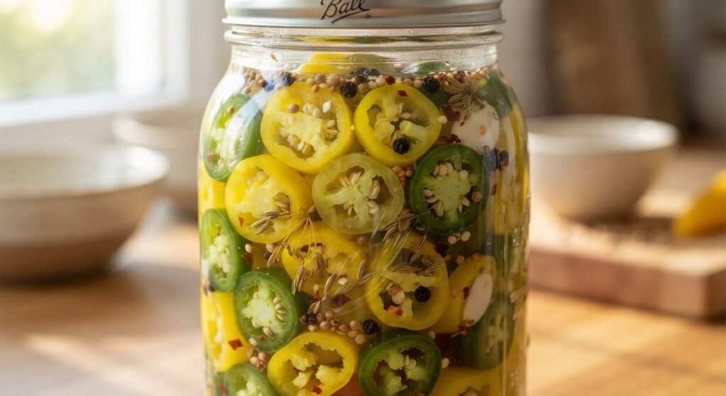 Sliced peppers packed into Mason jars with pickling brine and spices.