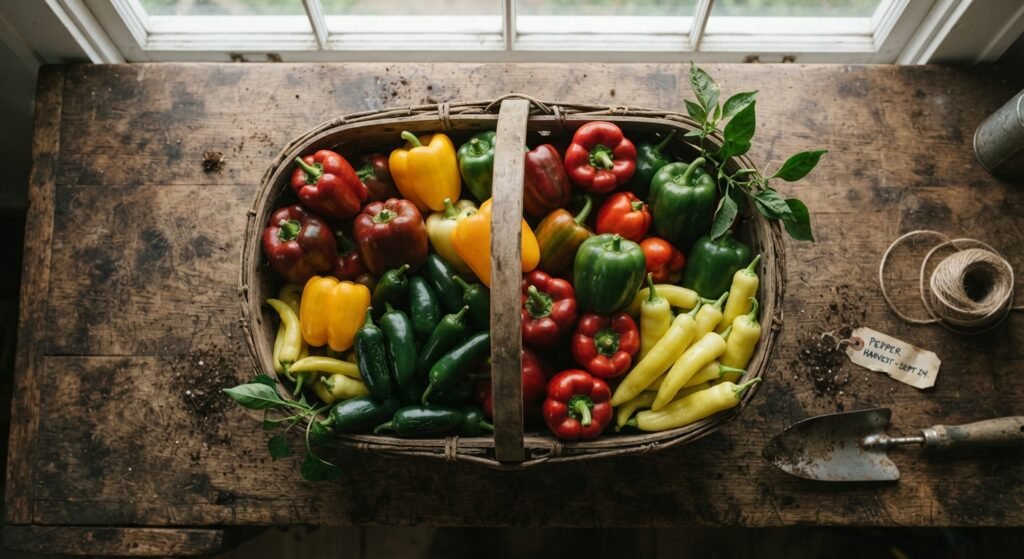 A wooden basket filled with freshly harvested sweet and hot peppers on a wooden workbench.