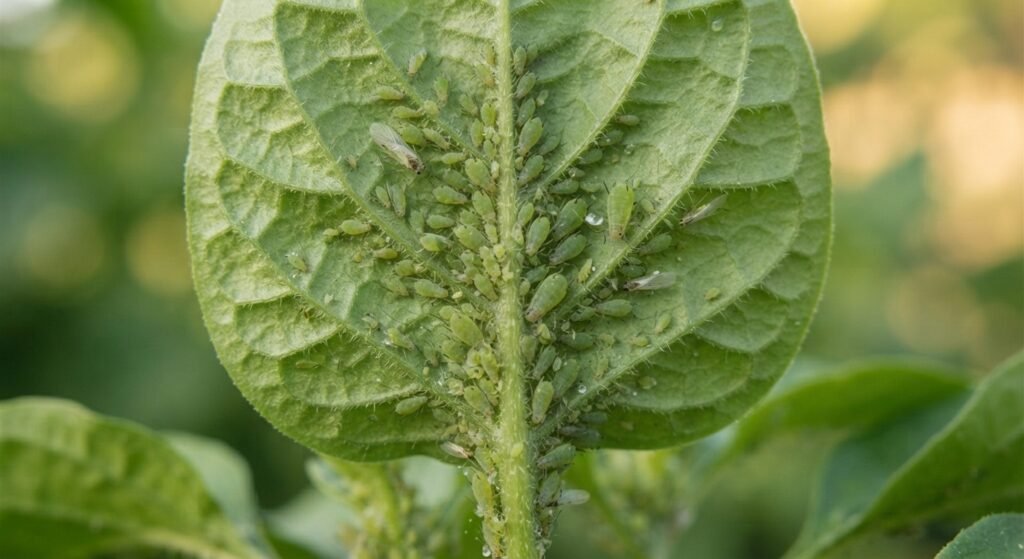 Green aphids clustered on the underside of a curling pepper plant leaf