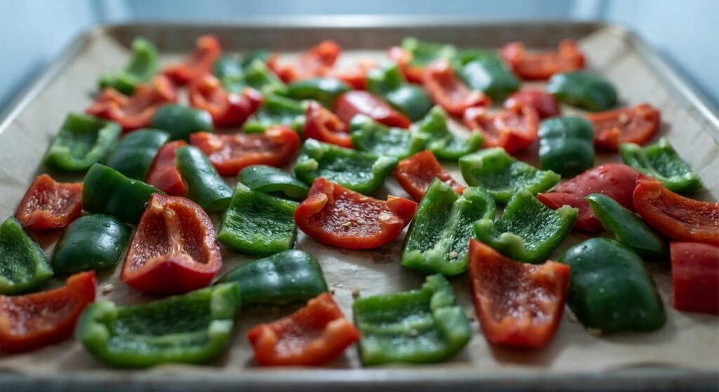 Chopped pepper slices arranged on a baking sheet for flash freezing.