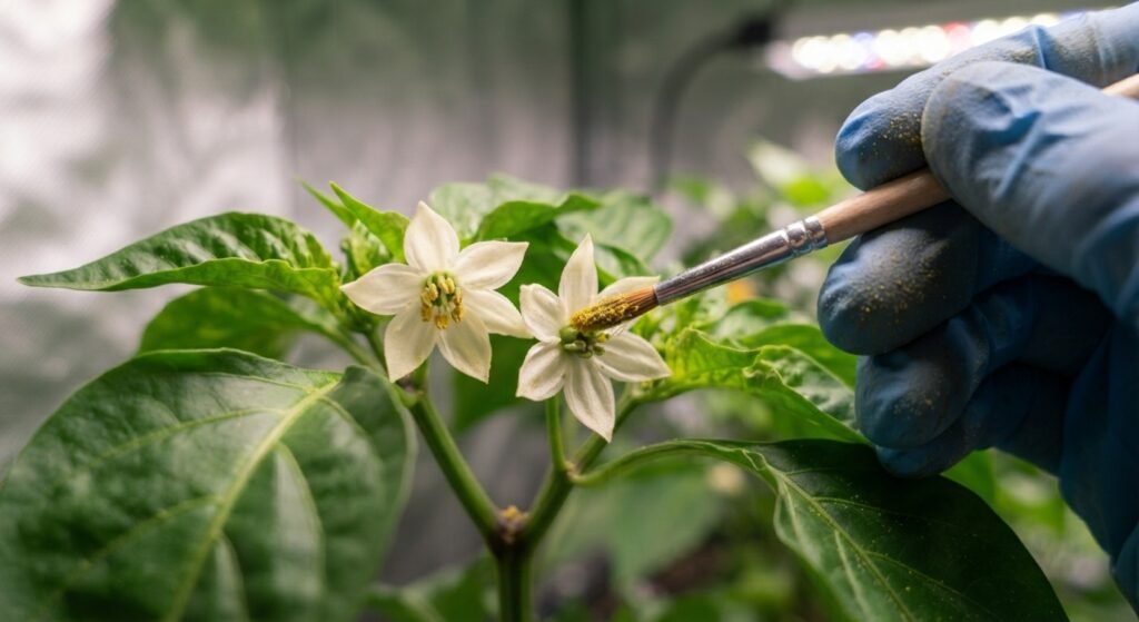 Using a soft paintbrush to hand-pollinate white bell pepper flowers growing indoors.