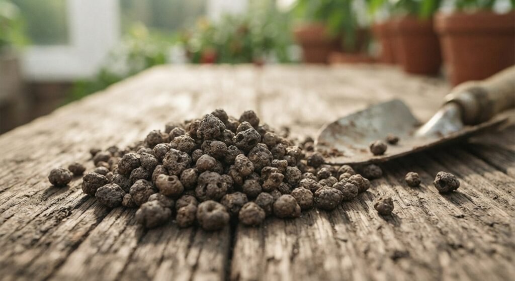 Macro close-up of triple superphosphate granules on a wooden table next to a trowel.