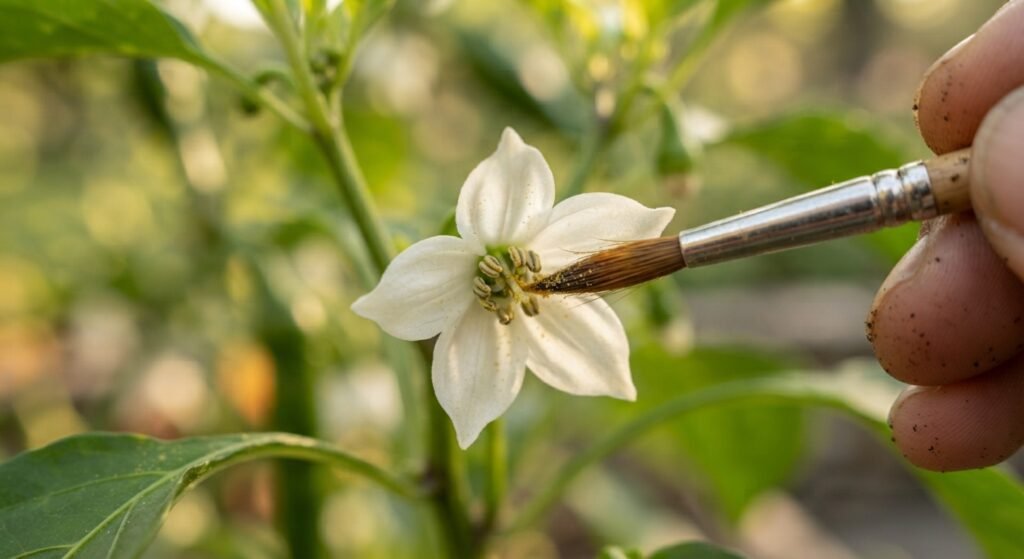 Hand-pollinating a white pepper flower with a small paintbrush.