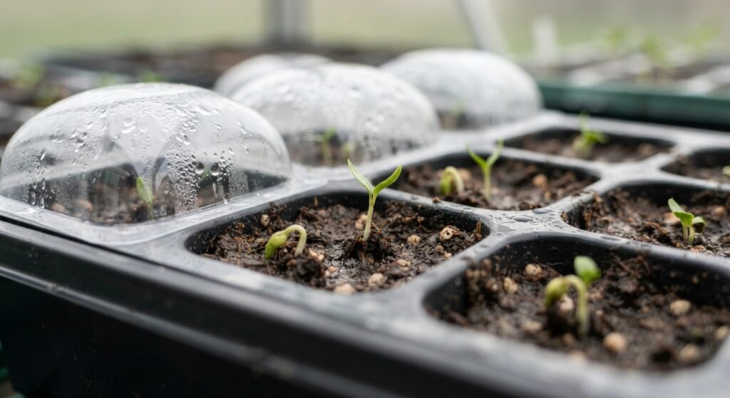 Tiny green bell pepper sprouts emerging from soil in a seed-starting tray with a humidity dome.