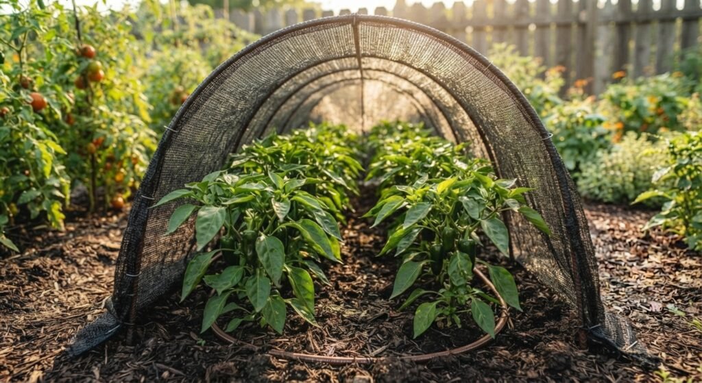 A shade cloth protecting a row of pepper plants from intense sunlight in a garden.
