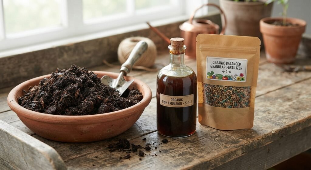 Organic compost and liquid fertilizer bottles displayed on a workbench for garden use.