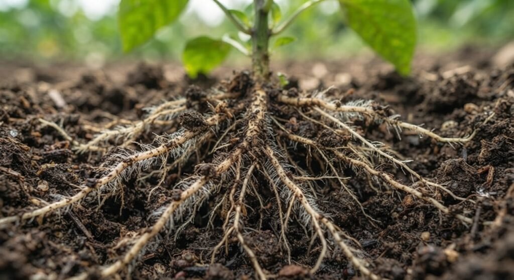 Close-up of a healthy, thick pepper plant root system established in rich soil.