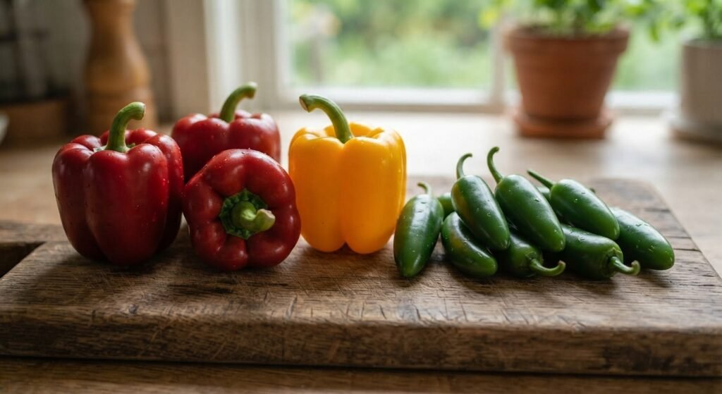 Sweet bell peppers and hot jalapeño peppers displayed together on a wooden cutting board.