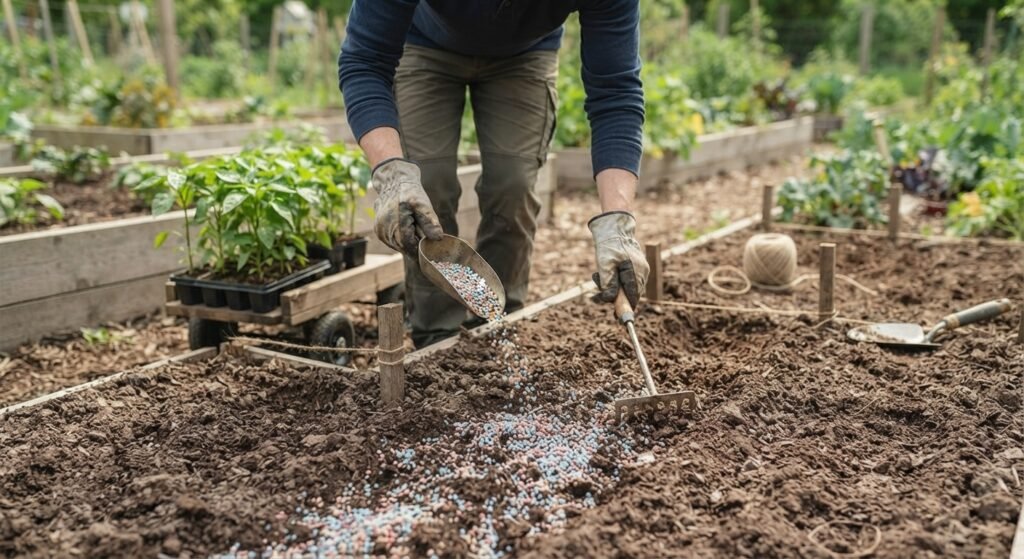 A gardener mixing granular fertilizer into the topsoil of a prepared garden bed.
