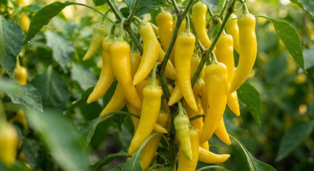 Close-up of a high-yield banana pepper plant laden with clusters of yellow fruit.