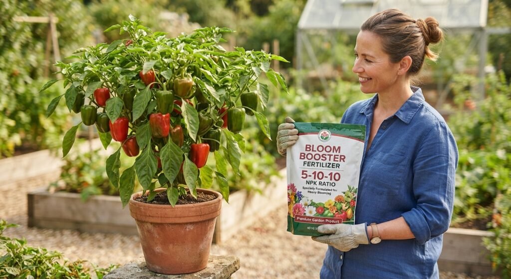 A gardener holding a bag of low-nitrogen bloom fertilizer next to a fruiting pepper plant.