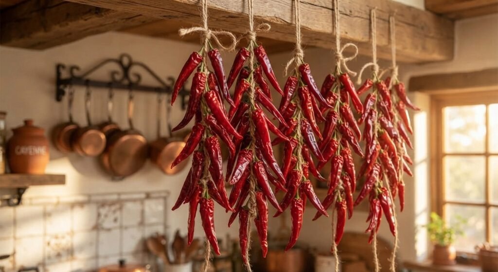 Long red cayenne hot peppers strung together and hanging to air-dry.