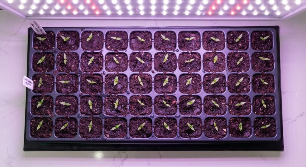 Seed-starting tray with young pepper sprouts growing under a grow light.