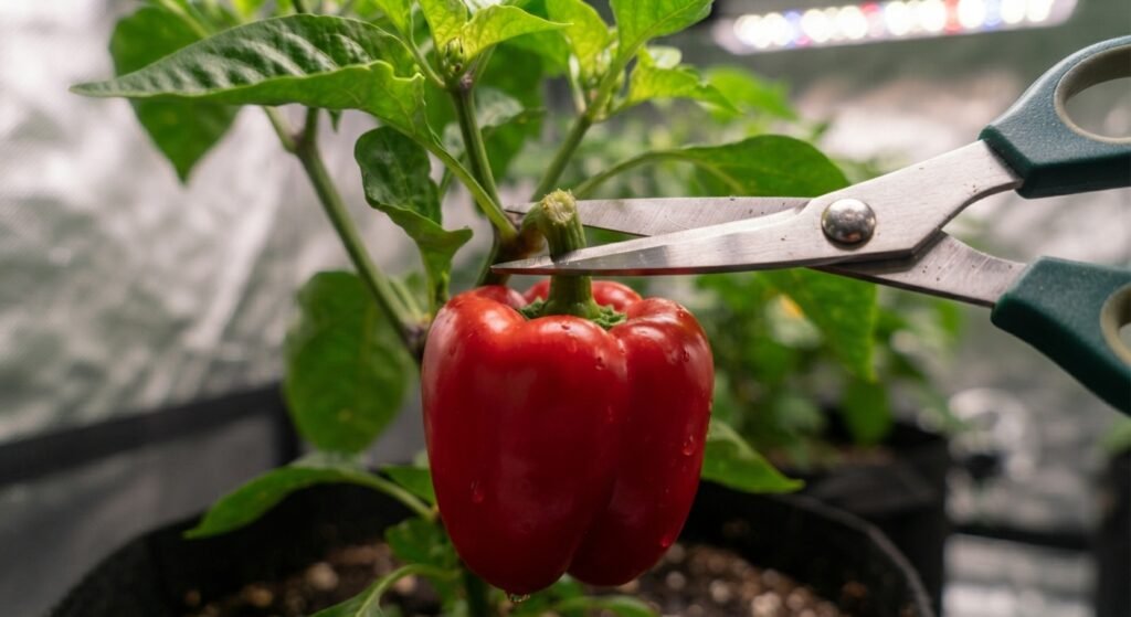 Cutting the stem of a vibrant, ripe red bell pepper with scissors on an indoor plant.