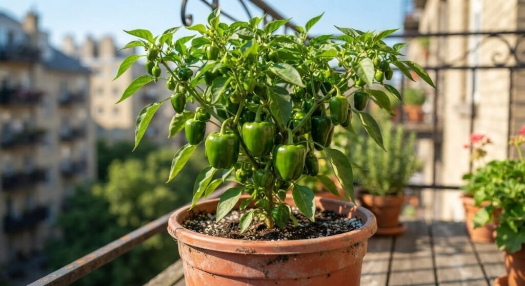 A compact patio bell pepper plant growing in a container on a sunny balcony.
