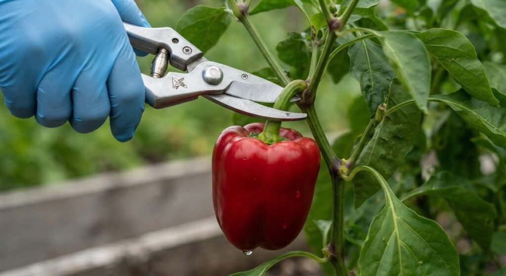 Using garden shears to harvest a ripe red bell pepper from the plant.