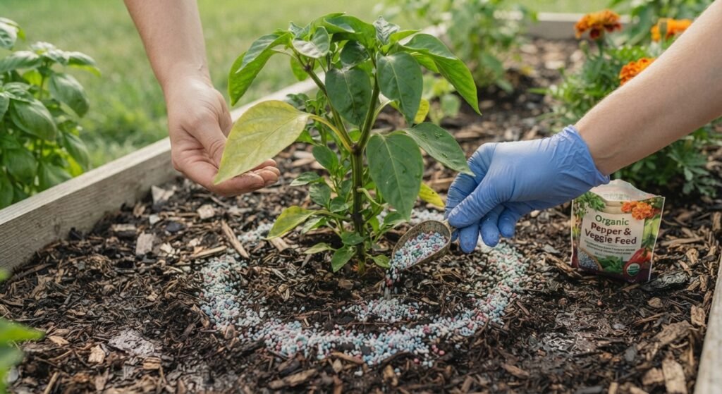 Granular fertilizer being applied in a ring around the root zone of a pepper plant.