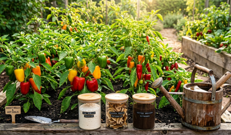 A vibrant garden bed of pepper plants next to jars of natural homemade fertilizer ingredients like eggshells and banana peels