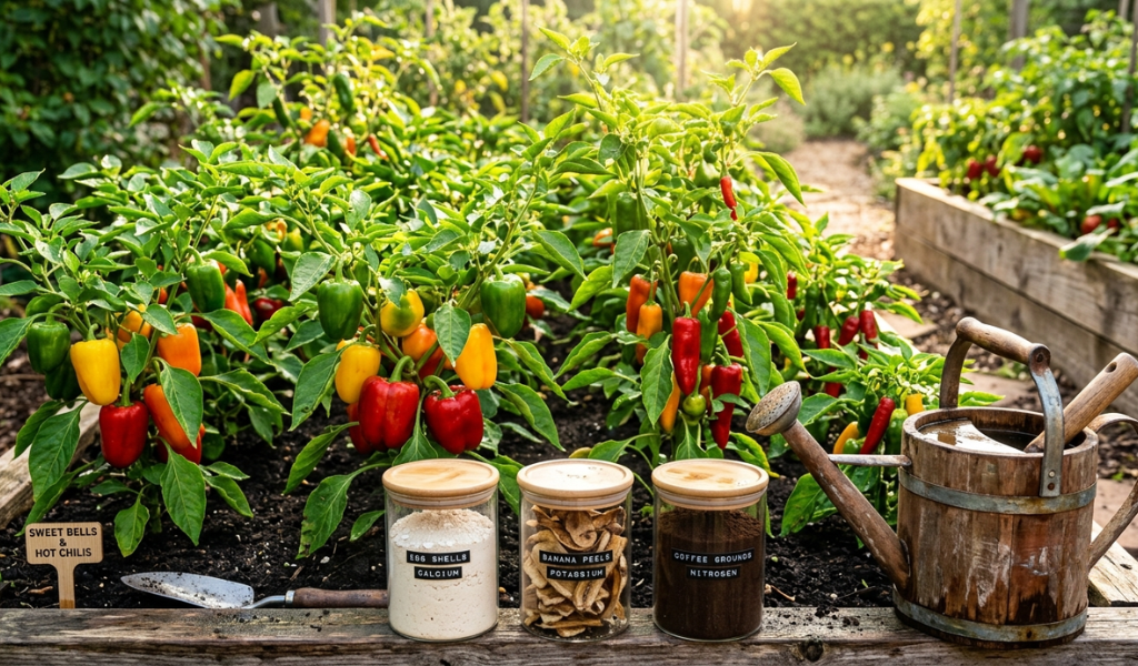A vibrant garden bed of pepper plants next to jars of natural homemade fertilizer ingredients like eggshells and banana peels