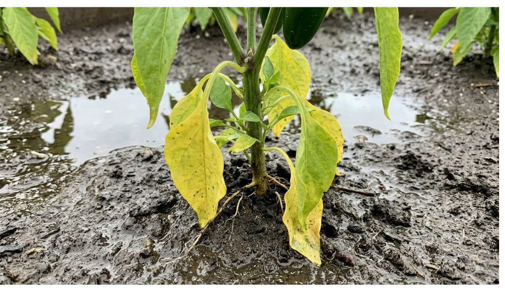 A close-up macro photograph showing the base of a stressed pepper plant. The plant's lower leaves are distinctly yellow and drooping, sitting in saturated, dark, muddy soil with a standing puddle reflecting a grey, overcast sky, emphasizing the signs of waterlogging and root stress.