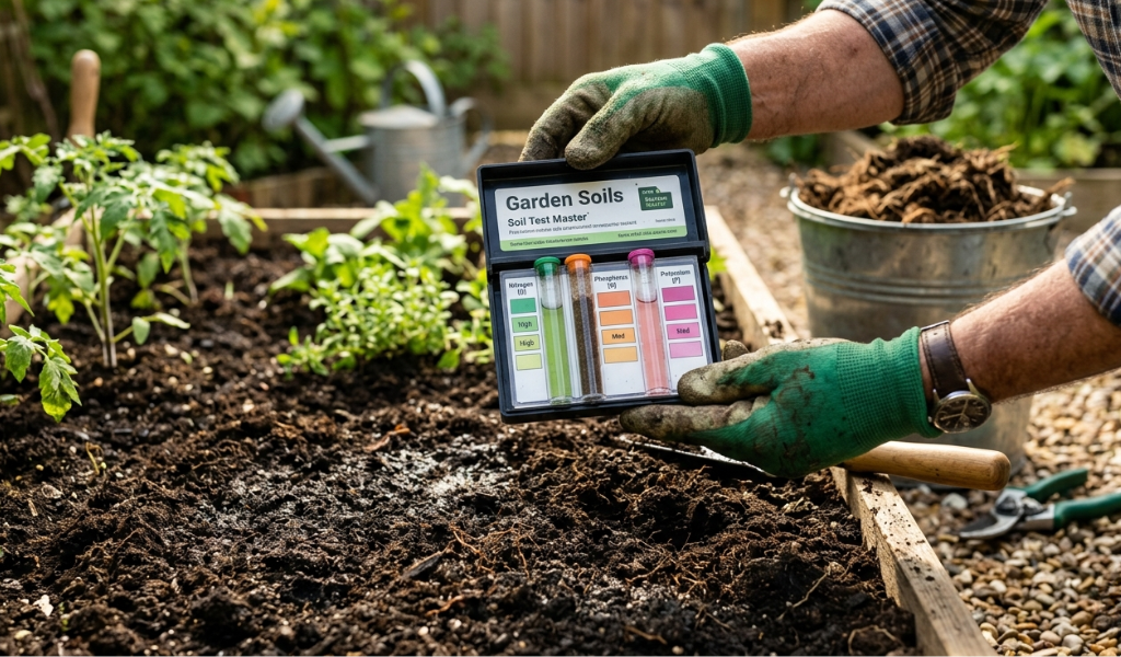 A gardener conducting a soil test kit analysis next to rich dark soil and compost for planting tomatoes.