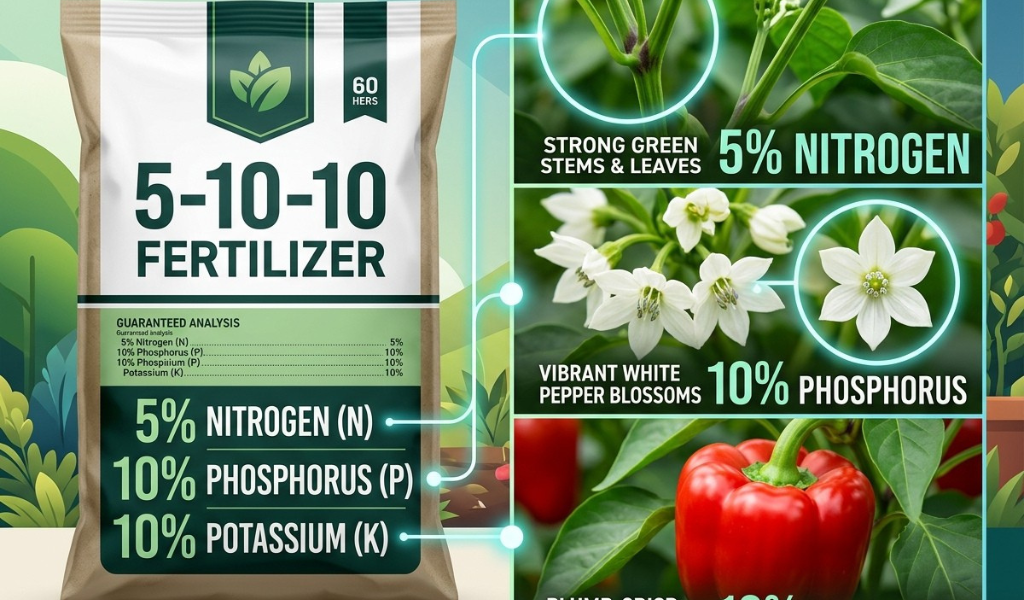 Infographic illustrating the 5-10-10 NPK ratio showing nitrogen for foliage, phosphorus for flowers, and potassium for fruit development.