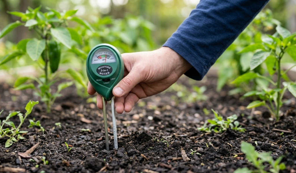 A close-up of a digital soil pH tester probe inserted into rich organic soil next to a newly transplanted young pepper seedling.