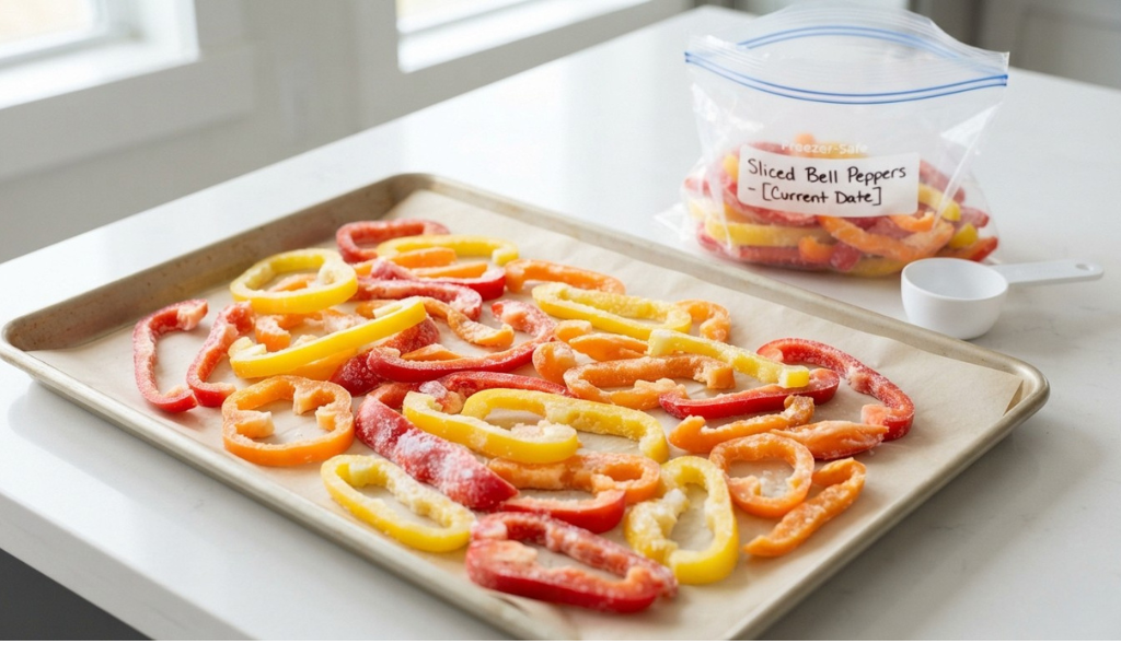 Freshly sliced bell peppers arranged on a baking sheet for flash freezing before long-term storage.