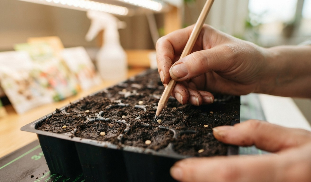 A gloved hand uses a pencil to create a 1/4-inch deep planting hole in a seed starting cell, demonstrating the proper planting depth for pepper seeds.