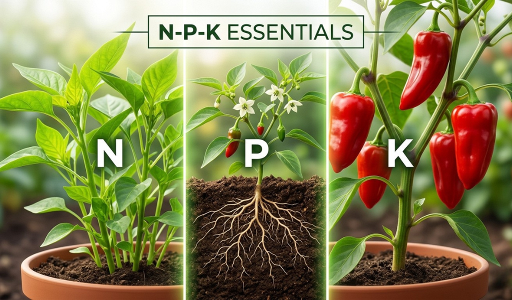 A photorealistic split composition visualsually illustrating the functions of N, P, and K: Nitrogen (N) drives lush green foliage; Phosphorus (P) promotes strong roots and flowers; Potassium (K) strengthens the overall plant and fruit.