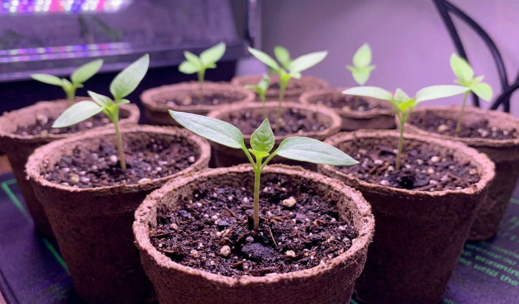Close-up photograph of young bell pepper seedlings with small green cotyledon leaves and the first true leaves emerging, growing in peat pots on a seedling heat mat under an LED grow light indoors.