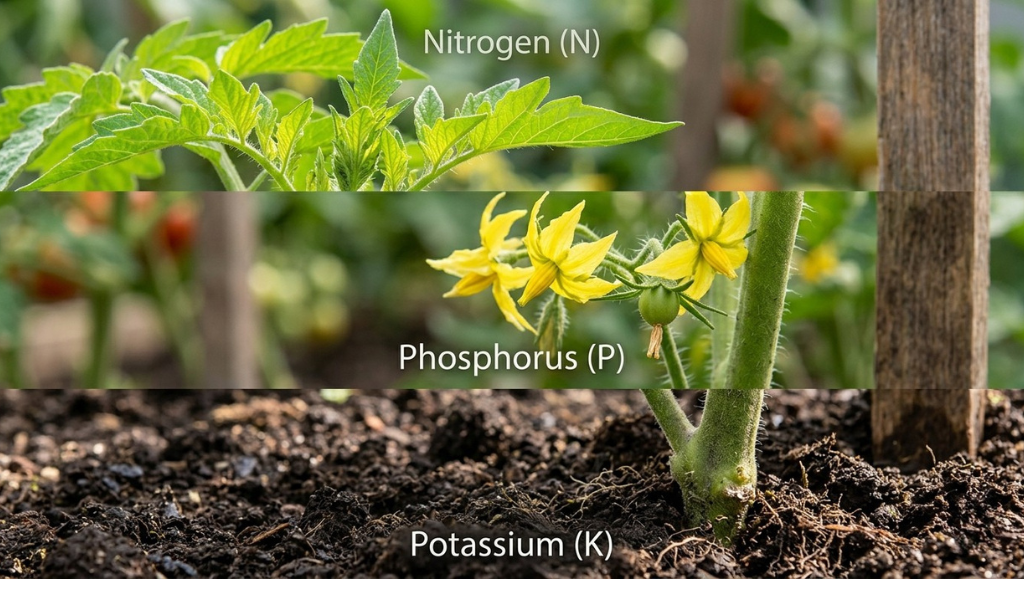 A close-up of a thriving tomato plant illustrating key nutrients: Lush leaves for Nitrogen (N), flower cluster for Phosphorus (P), and strong stems/roots for Potassium (K), with subtle labels