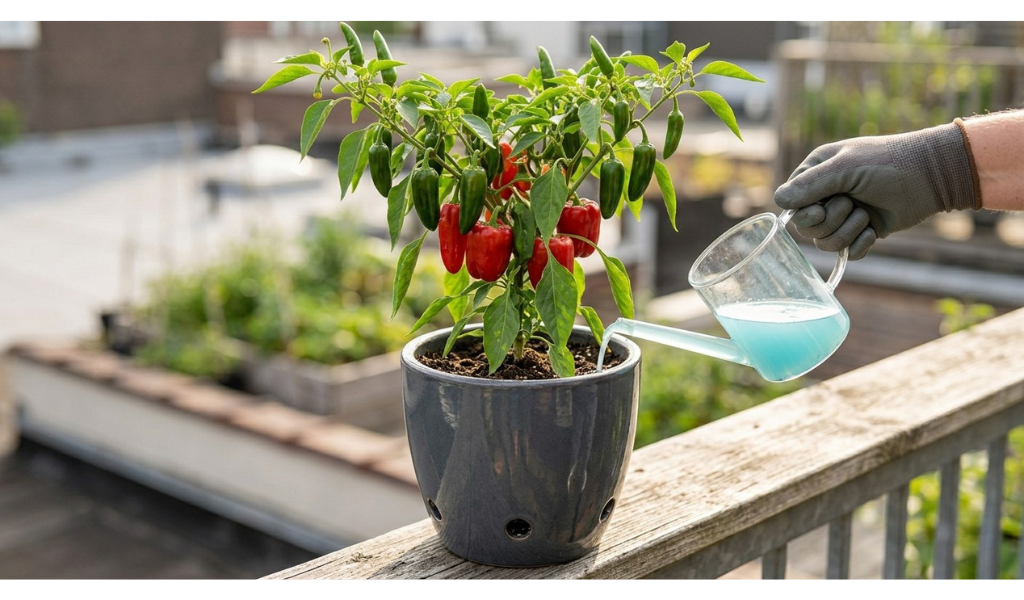 A productive pepper plant bearing green and red chilies thriving in a gray ceramic pot on a sunny balcony, showing liquid fertilizer being applied via a watering can to illustrate essential care for container gardening.