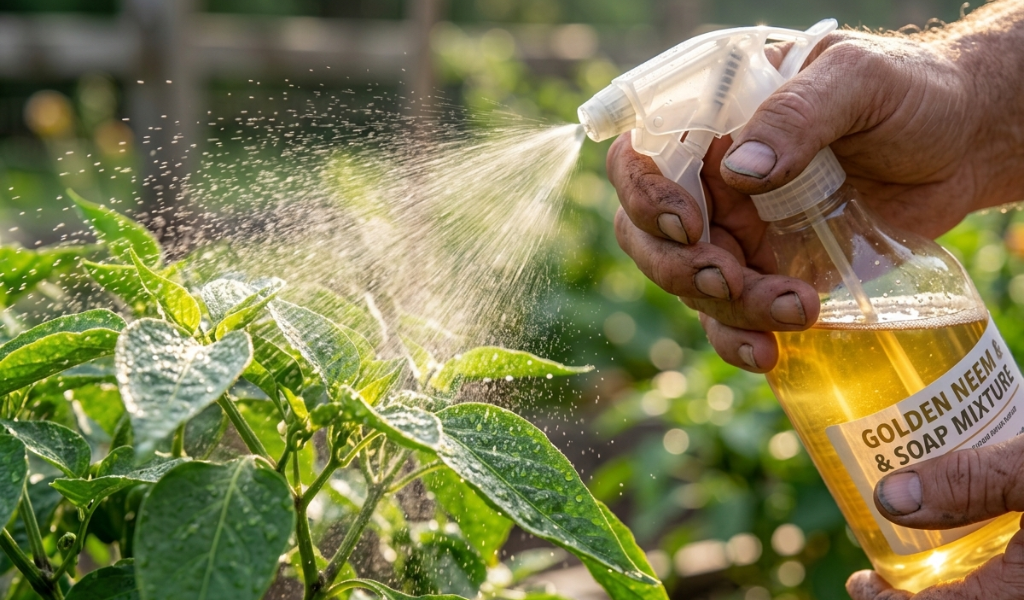 Gardener spraying fine organic neem oil mist onto green pepper plant leaves in morning sunlight