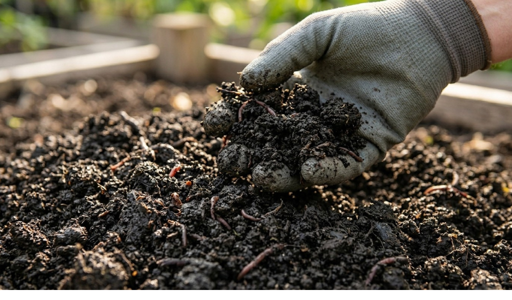 A detailed macro close-up showing a gardening gloved hand reaching into a pile of rich, dark, moist worm castings, highlighting the texture and beneficial organic matter of this natural pepper fertilizer.