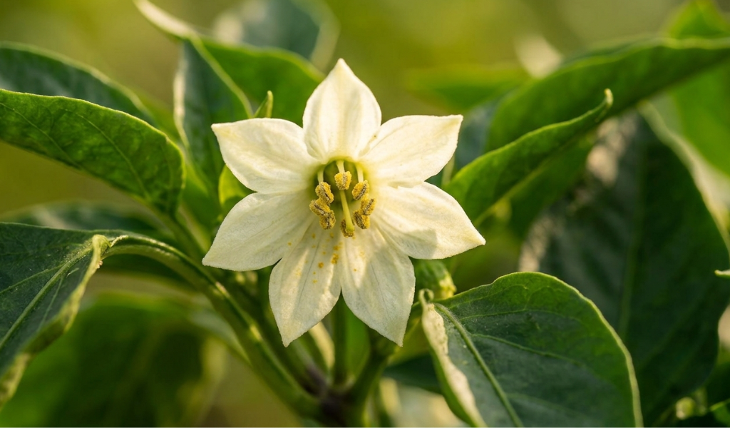 An extreme macro close-up of a delicate, star-shaped white bell pepper flower with yellow pollen-bearing anthers, initiating the fruiting process.
