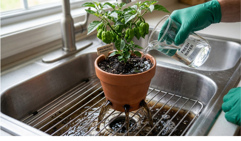 Gardener pouring water through a potted Carolina Reaper plant to flush salt buildup through bottom drainage holes.
