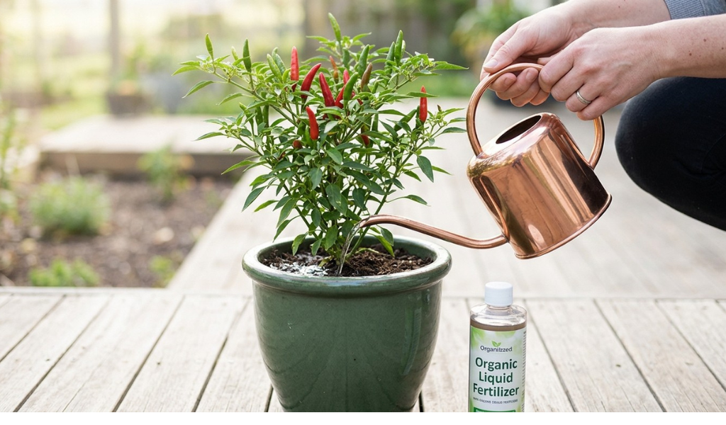 A gardener's hand carefully uses a copper watering can to water a potted Thai chili plant, with a bottle of organic fertilizer visible nearby.