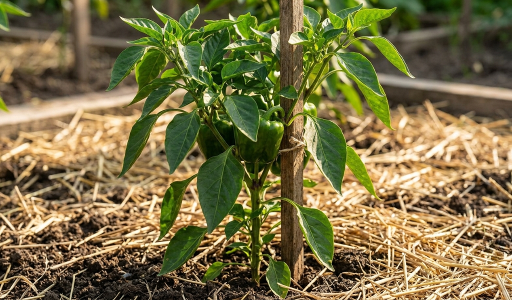 A vibrant, well-established bell pepper plant with dark green foliage, standing tall with the support of a wooden stake in a sunny, mulched outdoor garden bed.