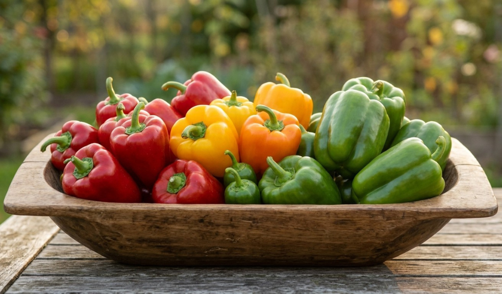 A rustic bowl overflowing with a mixed end-of-season harvest of red, green, and yellow bell peppers on a garden table.