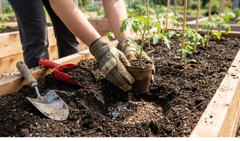 A gardener's gloved hands placing a tomato seedling into a hole pre-amended with compost and bone meal, ready for planting.