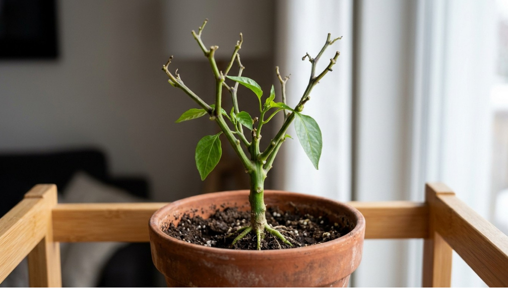 A heavily pruned and dormant potted bell pepper plant resting indoors during winter.