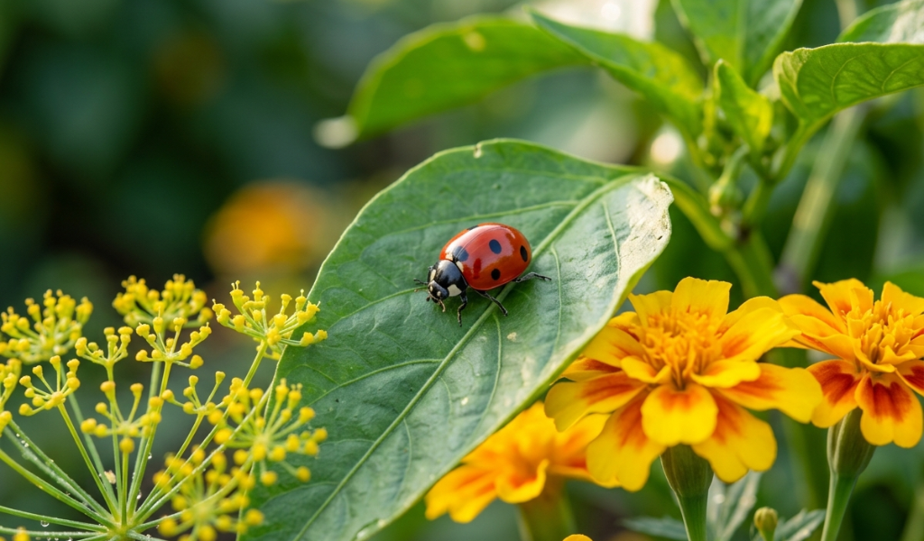 Red ladybug crawling on a pepper plant leaf next to yellow marigold companion flowers