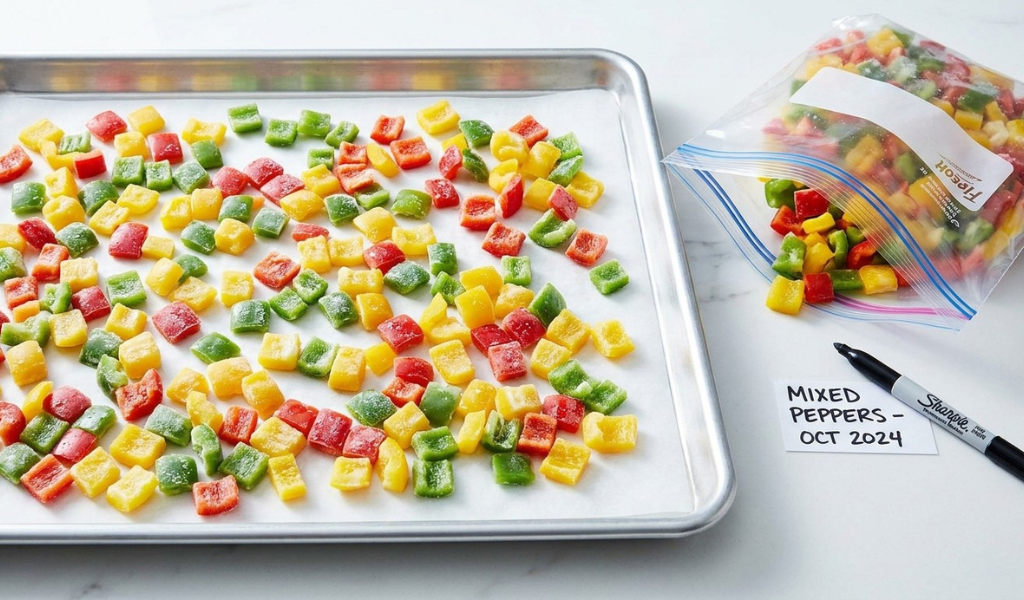 A baking sheet with frozen diced green and red bell peppers, next to a labeled freezer bag on a kitchen counter.