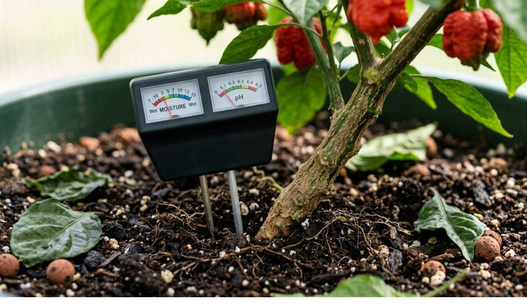 Soil probe testing pH and moisture levels in loose potting soil surrounding a healthy Carolina Reaper plant.